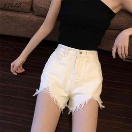 Summer Women Streetwear Solid Color Hole Wide Leg Denim Shorts Casusl Female High Waist Loose Black Jeans 210430