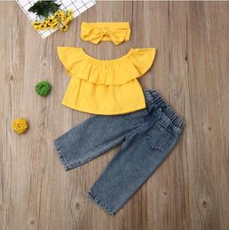 Toddler Baby Girl Sets Clothes Off Shoulder Ruffle Tops Hole Denim Pants Bowknot Headband 3Pcs Outfits Summer