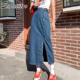 SURMIITRO Fashion Spring Summer Korean Style Women Side Slit Denim High Waist Midi Long Split Skirt Female 210712