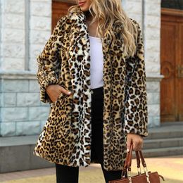 Women Faux Fur Coat Streetwear Autumn Winter Warm Plush Teddy Coats Long Leopard Print Luxury Fake Fur Jacket Fur Coat Jackets 211123