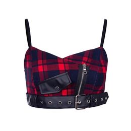Rosetic Sexy Strap Tank Top Women Gothic Red Plaid Zipper Holes Pocket Streetwear Punk Girl Summer Casual Chic Crop Tops 210407
