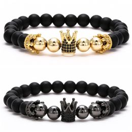 Fashion Micro Pave Crown Charm Beaded Bracelet Black Matte Stone 8mm Copper Bead Handmade Stretch Bracelets Bangle Jewellery for Men Women