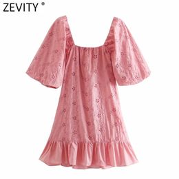 Women Elegant Hollow Out Embroidery Hem Ruffles Casual Pink Dress Female Square Collar Straight Vestido Chic Mini Dresses DS8237 210420