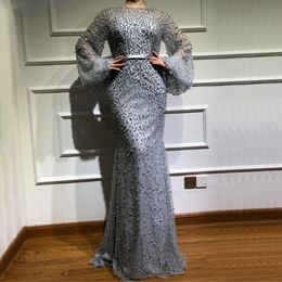 Luxury heavy pearls Dubai Champagne Mermaid Prom Dress Jewel Neck Long Sleeves Floor Length Formal Lace Evening Dresses Custom