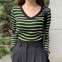Autumn Korean Striped Knitted V-neck Sweaters Pullovers Women Long Sleeve Basic Fashion Female Tops Femme 210518