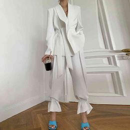 Coat High Waist Pants Legs Adjustable Female Casual Set Women Lapel Collar Long Sleeve Loose Belt Blazer 210510