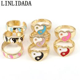 10Pcs 2021 Metal Korean Cute Enamel Heart Rainbow Colour Yin and Yang Rings Gold Plated Ring For Women Jewellery