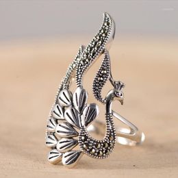 Cluster Rings S925 Silver Jewellery Vintage Thai Hollow Peacock Inlaid Maxey Stone Lady Open Ring