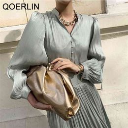 Elegant Spring Satin Puff Sleeve A-line Dress Women V-neck High Waist Button Solid Vintage Pleated Long Chic 210601