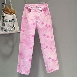 Pink Floral Prined Jeans Women's Summer High Waist Thin Loose Straight Denim Pants Female Tide 5E204 210427