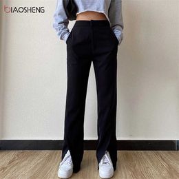 Women's Pants Fashion Loose Trousers For Female Boot Cut Straight Pants Full Length High Waist Casual Wide Leg Split Pants 211006