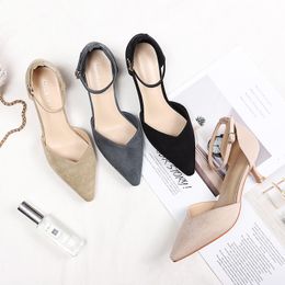 Office Ladies Shoes Woman Thin High Heels Point Toe Ankle Strap Solid Flock Faux Suede Leather Work Career Pumps Sandals 210520