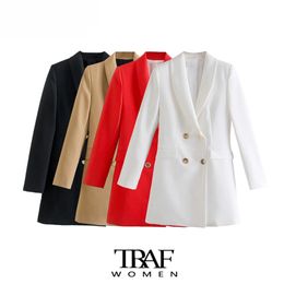 TRAF Za Women Fashion Office Wear Double Breasted Blazer Coat Vintage Long Sleeve Flap Pockets Female Outerwear Chic Veste 211006