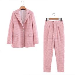 Women Casual Plaid Two Pieces Sets Pant Suits Spring Summer Single Button Blazers Coats and s Female Clothes 210930