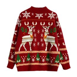 Red Knitted Sweater O Neck Long Sleeve Loose Pullovers Autumn Winter Elk Moose Christmas M0382 210514