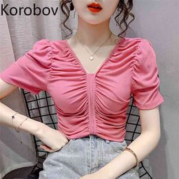 Korobov New Summer Solid V Neck Short Sleeve T Shirts Korean Elegant Chic Ruched T Shirt Office Lady Fashion Tee Tops 210430