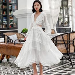 Casual Dresses 2021 Summer European Design Vintage White Boho High Waist Empire Lace Dress Luxury Backless Party Women Evening Elegant