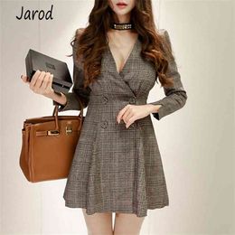 Korea Spring Fashion women plaid Women Sexy V-Neck High Waist Double-breasted Long Sleeve Bodycon Dresses vestidos 210519