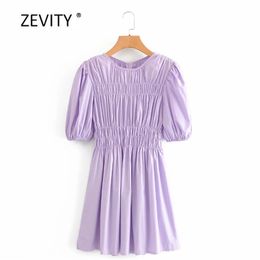 Women vintage O Neck puff sleeve purple Colour mini Dress Ladies press pleated elastic casual slim vestidos Dresses DS4025 210420