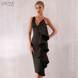 Summer Women Celebrity Evening Runway Party Dress Vestidos Sexy Sleeveless Ruffles Black Midi Bodycon Club 210423