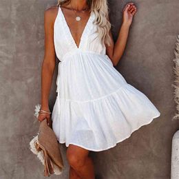 Women Sexy Spaghetti Strap Deep V-Neck Sleeveless Dress Summer White Lace Up High Waist Ladies Beach A-Line Mini Dresses 210416