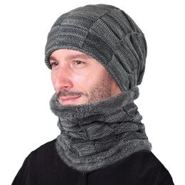 Classic plaid plus velvet hat and scarf set for unisex winter warm acrylic knit beanie scarfs fashion outdoor bonnet echarpe