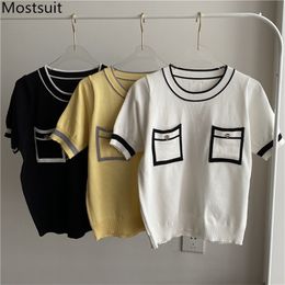 Korean Vintage Knitted Pullover Sweater Women Summer Short Sleeve O-neck Pockets Tops Color-blocked Fashion Elegant Jumpers 210513