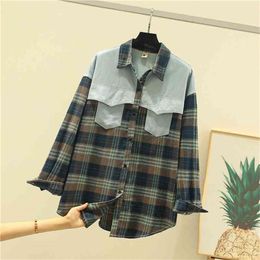 HSA Autumn Women Plaid Turn-Down Collar Blouse Long Sleeve Casual Loose Pockets Denim Splice Female Shirts Tops 210430