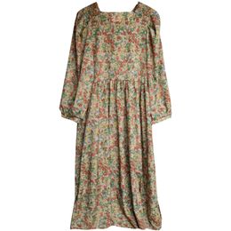 Women Vintage Square Collar Floral Print Lantern Sleeve Long Black Khaki A-line Midi Dress Spring Summer D2385 210514