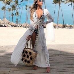 Summer Boho Women Maxi Sleeve Hollow Out White Long Tunic Beach Dress 210415