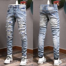 Color Rip Jeans Man Biker Jeans Slim Fitness Fade Washed Denim Pants
