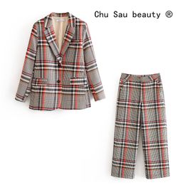 Fashion Plaid Women Blazer Suits Office Ladies Two-piece Sets Long Sleeve Single Breasted Pants Set 210514