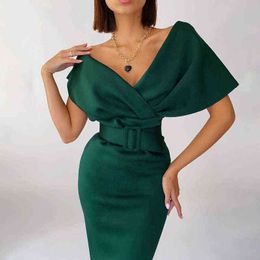 Spring Autumn Fashion Belted Wrap Office Dress Women Sexy Off Shoulder V Neck Club Party Dress Elegant Slim Long Bodycon Dress Y1204