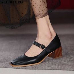 ALLBITEFO high quality genuine leather square toe thick heels party women shoes women heels shoes brand high heels shoes 210611