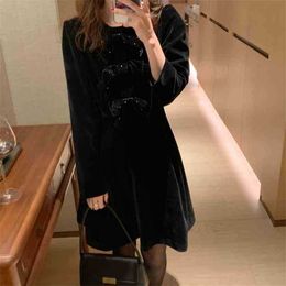 Women Bow High Waist Velvet Basic Gentle All Match Plus Size Fashion Sexy Chic Elegance Sale Dresses 210525