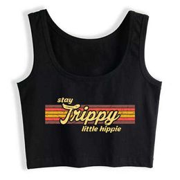 Crop Top Female Stay Trippy Little Hippie Clothes Black Print Tank Tube 210607