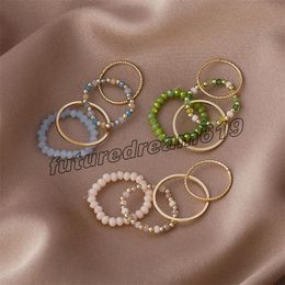 Vintage Gold 4PCS Women's Ring Summer Crystal Beaded Rings Set Women Jewelry Wedding Party Gift