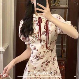 Bandage Design Vintage Midi Dresses Women Short Sleeve Elegant Floral Dress Slim Bow Dress Korean Sumemr Chic 210521