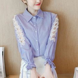 Women clothing Lace Hollow Out Shirt Tops Turn Down Collar Female Elegant Nine-Quarter sleeve Blouse shirts 819GP 210420