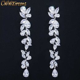 Luxury White Cubic Zirconia Gorgeous Leaf Flower Long Dangle Drop Earrings for Women Bridal Wedding Brincos CZ571 210714