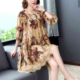 Spring Summer Mulberry Silk Midi Dresses 4XL Plus Size Vintage Lace Print Runway Dress Elegant Women Bodycon Party Vestidos 210331