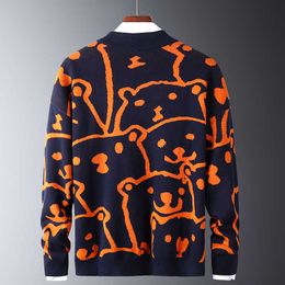 Mens Autumn Casual Sweaters Polar Bear Pattern Trendy Slim Cotton Long Sleeve Round Collar Male Warm Pullovers Orange Y0907