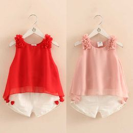 Casual Cute 2 3-4 6 8 10 Years Solid Colour Bow Flower Sleeveless T-shirt+Shorts 2 Pcs Baby Kids Girls Summer Clothing Set 210529