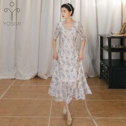 YOSIMI Evening Party Long Women Dress Elegant Summer Blue Floral Print V-Neck Mid-calf Short Sleeve Dresses 210604