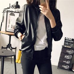 Jocoo Jolee Women Loose PU Faux Leather Jacket Korean Zipper Bomber Coat Autumn Black Moto Biker Jacket Plus Size Outwear 210518