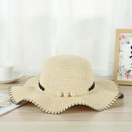 Fashion summer ladies go out sun hats Temperament pearl woven straw hat outdoor travel caps Wide Brim Hats