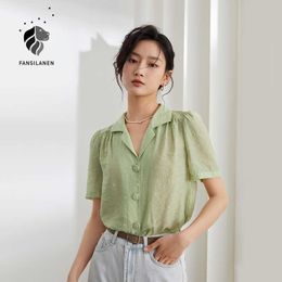 FANSILANEN Office Lady French Retro Polka Dot Shirt Women Summer Suit Collar Short Sleeve Light Green Tops 210607