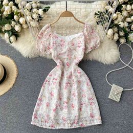 Sweet Women's Fashion Summer Square Neck Embroidery Print Mini A-line Dress Elegant Clothes Vestidos S292 210527