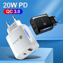 PD 20W USB C Charger EU US Plug QC 3.0 2 Port LED Fast Charge Wall Adapter For Iphone 11 12 13 Samsung Huawei