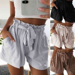 Casual Tie Front Ruffled Waist Paper Bag Shorts Ladies Summer Drawstring Solid Colour Mid-waist Streetwear Cute 210719